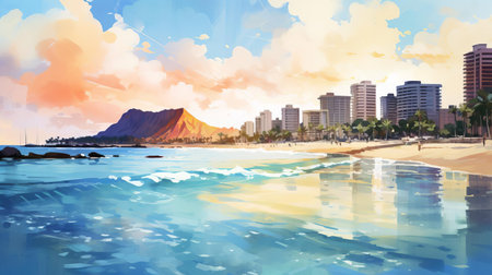 waikiki beach, a tropical haven, is reimagined in a whimsical dungeons and dragons-inspired watercolor artwork, featuring majestic palm trees, vibrant hibiscus flowers, and a serene oceanfront, evoking a sense of fantasy and adventure in this iconic hawaiian destination. ai generatedの素材