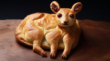 this kangaroo-shaped hamburger pastry is a creative twist on traditional burger buns, featuring a soft and fluffy interior, perfect for holding juicy beef patties, crispy bacon, melted cheese, and fresh lettuce, making it a unique centerpiece for australian-themed parties and outdoor barbecues. ai generatedの素材