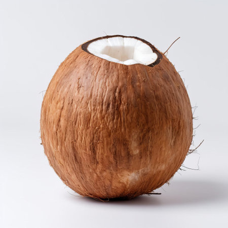 this handmade wood coconut, showcased on a pristine white background, exudes natural elegance, highlighting the artisan's skill in crafting unique wooden decorative pieces, perfect for rustic home decor, tropical-themed interiors, or as a thoughtful gift for coconut lovers and woodwork enthusiasts alike. ai generatedの素材