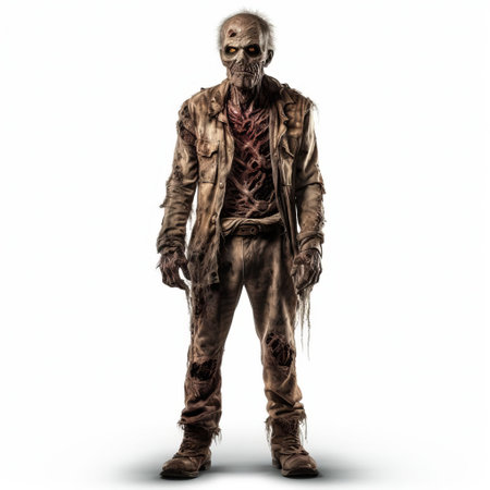 a creepy vintage zombie, dressed in tattered clothing, stands upright on a white isolated background, showcasing its gruesome features, perfect for horror-themed designs, halloween decorations, and spooky illustrations, evoking a sense of eeriness and fear, ideal for fans of the undead and horror movies. ai generatedの素材