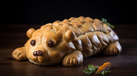 this adorable hippopotamus-shaped curry pastry is a delightful treat for the eyes and taste buds, featuring a golden-brown crust and a savory curry filling, perfect for a whimsical snack or unique dessert at a themed party or animal-lover's gathering. ai generatedの素材