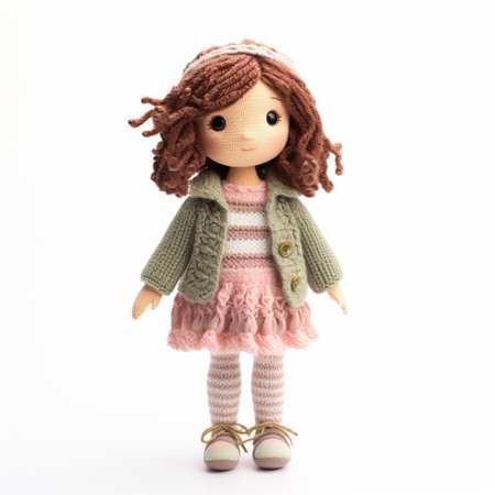 emily, a beautifully knitted doll, stands isolated on a pristine white background, showcasing her intricate details and vibrant colors, perfect for craft enthusiasts, knitting inspiration, and photography of handmade toys, dolls, and knitted figures on a clean and minimalist setup. ai generatedの素材