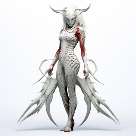 the demon, a 3d rendered female creature, stands tall with her intimidating horns and sharp claws, isolated on a pristine white background, showcasing her intricate details and menacing beauty, perfect for fantasy and horror-themed designs, illustrations, and digital art projects. ai generatedの素材