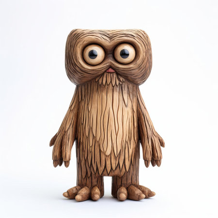 the wooden figurine, meticulously handcrafted with intricate details, stands proudly on a pristine white background, showcasing its full body, highlighting the artisan's skill in woodworking, perfect for home decor or as a unique gift for woodworking enthusiasts and fans of handmade wooden creatures. ai generatedの素材