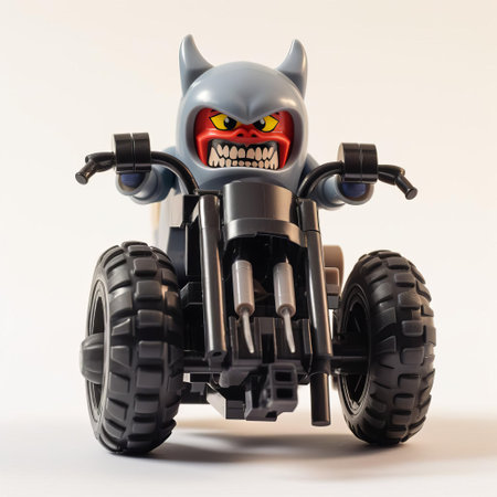 the lego monster, with its vibrant green skin and sharp teeth, sits confidently on a sleek motorcycle, its bright colors popping against a crisp white background, showcasing a fun and playful scene that combines childhood nostalgia with a touch of edginess, perfect for fans of lego toys and motorcycle enthusiasts alike. ai generatedの素材
