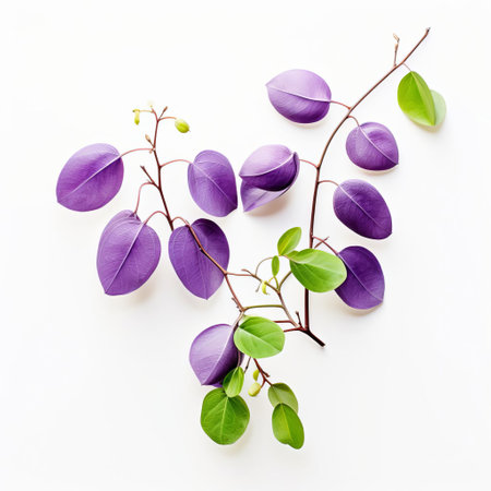 the akebia fruit, also known as the chocolate vine, is beautifully showcased against a pure white background, highlighting its unique, purple-brown color and intricate, five-petaled flower-like structure, making it a stunning visual representation of this exotic, edible fruit commonly used in traditional japanese and korean cuisine. ai generatedの素材