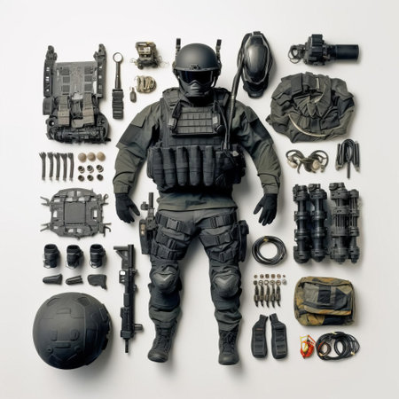 the 3d combat gear, fully equipped with a helmet, vest, and gloves, stands proudly on a white isolated background, showcasing its intricate details and futuristic design, perfect for military, video game, or sci-fi themed projects, highlighting its durability and high-tech features. ai generatedの素材