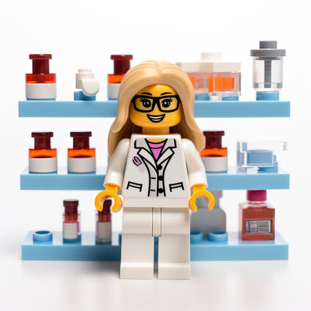 the female pharmacist, meticulously crafted from lego bricks, stands proudly on a pristine white isolated background, showcasing a unique blend of medical professionalism and playful creativity, highlighting the importance of women in stem fields and the joy of imaginative play. ai generatedの素材