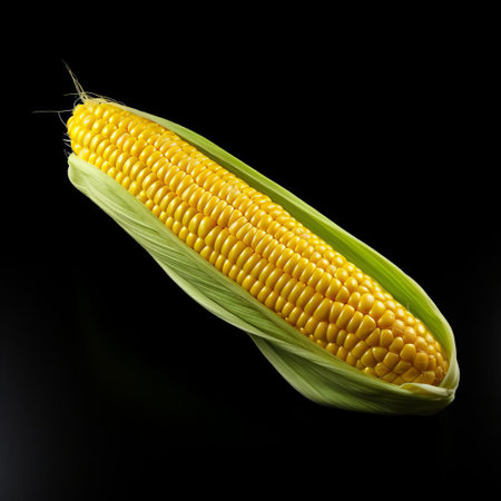 the corn, perfectly lit and captured in stunning 4k ultra-high definition, sits elegantly on a crisp white background, showcasing its vibrant yellow kernels and delicate green husk, ideal for cooking, food, and agriculture-related visuals, perfect for 8k hd resolutions and high-quality visual projects. ai generatedの素材