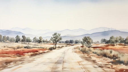 the serene landscape presents a breathtaking scenic view with a winding road stretching through the middle, surrounded by lush greenery, evoking a sense of tranquility, reminiscent of a watercolor painting, perfect for nature lovers and photography enthusiasts seeking peaceful escapes and rural getaways. ai generatedの素材