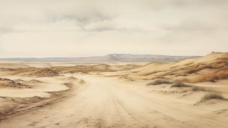 "sand dunes stretch across the horizon, bisected by a winding road that disappears into the distance, evoking a sense of serene isolation in this breathtaking watercolor landscape, where the soft hues of beige and blue blend in perfect harmony, capturing the essence of a tranquil desert scene.", ai generatedの素材