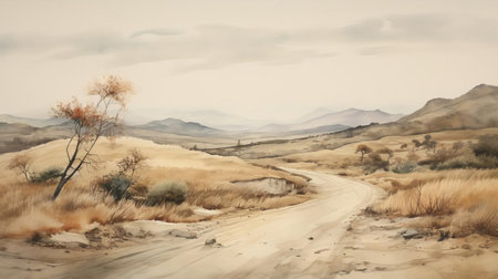 the serene shrubland landscape stretches towards the horizon, divided by a winding road that disappears into the distance, evoking a sense of tranquility and isolation, captured in soft, dreamy watercolors that evoke a sense of rural simplicity and natural beauty. ai generatedの素材