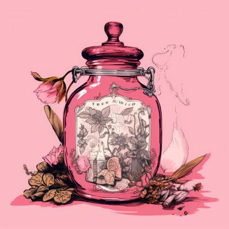 a beautiful, ornate classic bottle of tea and tea sits elegantly on a soft pink background, surrounded by delicate, swirling patterns created with traditional drawing ink, evoking a sense of vintage charm and sophistication, perfect for tea enthusiasts and art lovers alike. ai generatedの素材