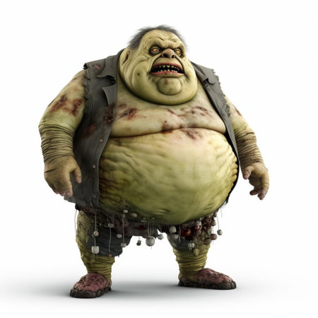 a 3d fat zombie stands menacingly on a white isolated background, its grotesque features and bloated body a testament to the undead's unrelenting horror, perfect for halloween or horror-themed designs, adding a touch of spooky atmosphere to any project. ai generatedの素材