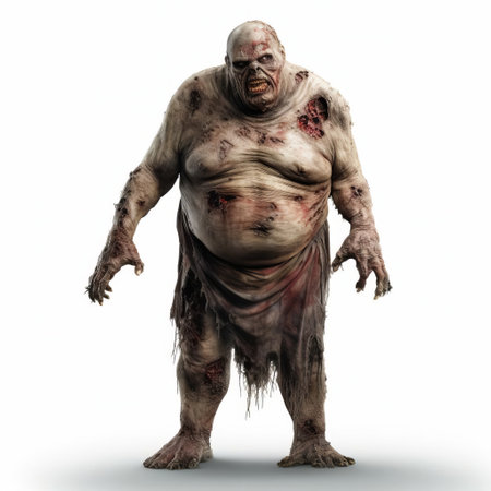 the 3d fat zombie, standing in a full-body pose, is isolated on a pristine white background, showcasing its gruesome features, decaying flesh, and tattered clothing, perfect for horror-themed designs, video games, or halloween decorations, evoking a sense of fear and dread. ai generatedの素材