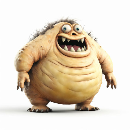 the 3d fat monster, depicted in a full-body pose, stands out against a pristine white isolated background, showcasing its vibrant colors and playful demeanor, perfect for use in digital designs, illustrations, and fantasy-themed projects, evoking a sense of whimsy and imagination. ai generatedの素材