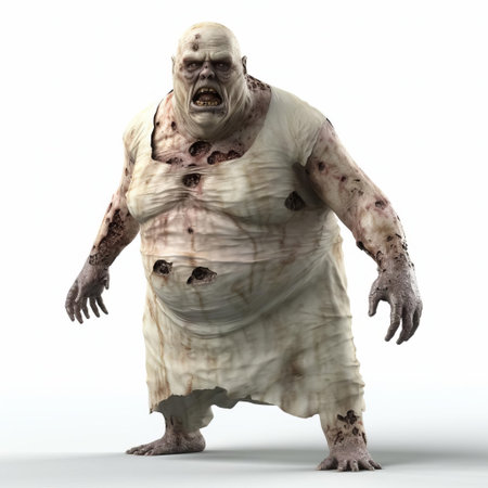 the 3d fat zombie, depicted in a full-body pose, stands out against a pristine white isolated background, showcasing its gruesome yet fascinating features, perfect for horror-themed designs, video games, or halloween-inspired artwork, evoking a sense of eeriness and macabre fascination. ai generatedの素材