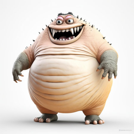 the 3d fat monster, a humorous and whimsical character, stands proudly on a pristine white isolated background, showcasing its rotund physique in vivid detail, perfect for illustrations, graphics, and digital art projects requiring a playful and eye-catching centerpiece. ai generatedの素材