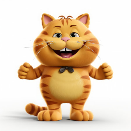 garfield, the lazy orange tabby cat, is depicted in stunning 3d illustration, showcasing his full body on a pristine white isolated background, highlighting his iconic red collar and charming facial expression, perfect for fans of the beloved cartoon character. ai generatedの素材