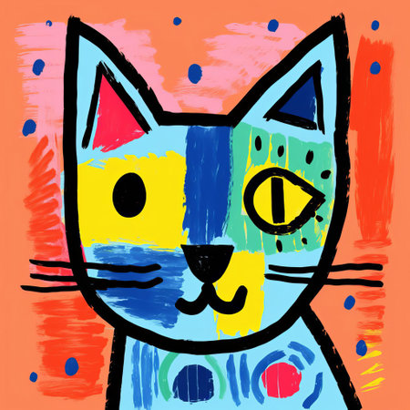 the flat-headed cat, a rare and endangered species, is reimagined in the vibrant, cubist style of pablo picasso, featuring fragmented forms and bold, geometric shapes, blending modern art with wildlife conservation, highlighting the urgent need to protect this unique feline's habitat and ecosystem. ai generatedの素材