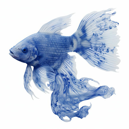 the cyanotype fish, with its intricate scales and delicate fins, is beautifully showcased against a pristine white isolated background, highlighting its vibrant blue tones and mesmerizing patterns, perfect for marine life enthusiasts and photography lovers of aquatic creatures and ocean-inspired art. ai generatedの素材
