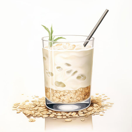 the oat milk cocktail illustration is a stunning realistic watercolor artwork depicting a refreshing summer drink, perfectly blending the creamy texture of oat milk with vibrant colors, evoking feelings of relaxation and tranquility, perfect for food bloggers, mixologists, and health-conscious individuals seeking plant-based beverage inspiration. ai generatedの素材