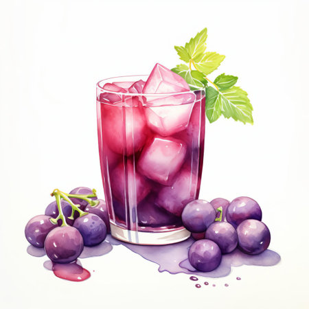 this vibrant watercolor illustration showcases a refreshing grape juice cocktail, perfectly blended with ice and garnished with a sprig of fresh mint, set against a soft, dreamy background, evoking the feeling of a warm summer evening, perfect for wine and cocktail enthusiasts, foodies, and anyone who loves a sweet and tangy drink. ai generatedの素材