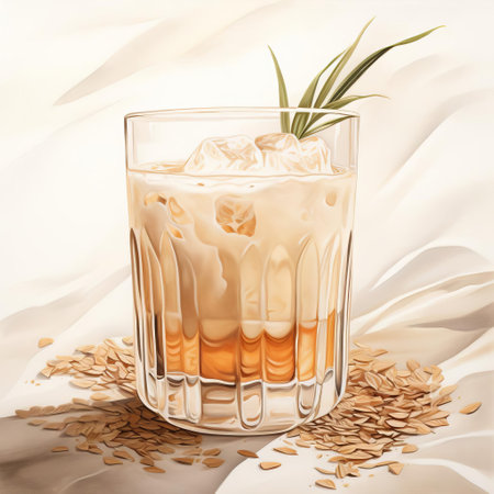 the oat milk cocktail illustration is a stunning realistic watercolor artwork showcasing a refreshing blend of creamy oat milk and vibrant colors, perfect for food bloggers, mixologists, and anyone who loves unique beverage creations, featuring a trendy plant-based drink that's both delicious and instagram-worthy. ai generatedの素材