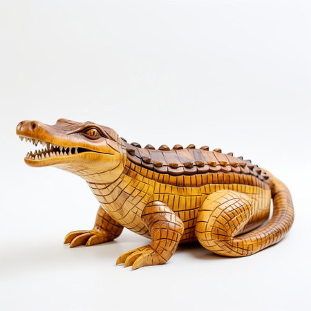 this handmade wood crocodile, meticulously crafted with precision, sits proudly on a pristine white background, showcasing its intricately carved scales and lifelike features, perfect for wooden animal decorations, home decor, or unique gifts for wood carving enthusiasts and wildlife lovers. ai generatedの素材
