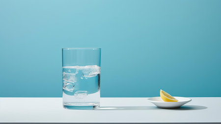 a refreshing glass of seltzer water sits elegantly on a modern table, captured from a unique and varied angle, showcasing the simplicity and sophistication of minimalist decor, perfect for those who appreciate clean lines and a touch of elegance in their home or office setting. ai generatedの素材