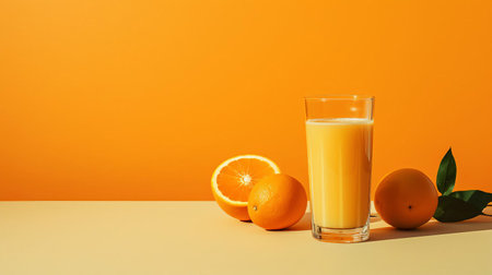 a refreshing glass of orange juice sits elegantly on a modern table, captured from a unique and varied angle, showcasing the vibrant color and inviting texture of the freshly squeezed drink, perfect for a healthy breakfast or brunch setting. ai generatedの素材
