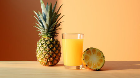 a refreshing glass of pineapple juice sits elegantly on a minimalist table setting, captured from a varied angle, showcasing the vibrant yellow color and tantalizing freshness of the tropical fruit, perfect for a healthy breakfast or summer refreshment. ai generatedの素材
