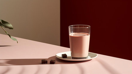 the glass of chocolate milk sits isolated on a clean table, captured from a unique and varied angle, showcasing the creamy texture and rich brown color of the beloved beverage, perfect for a minimalist still life photography composition. ai generatedの素材