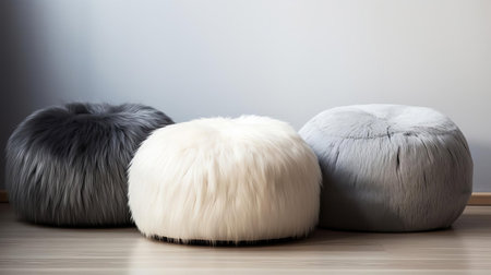 the pouf sits comfortably in the serene grey interior, surrounded by light colors, exuding a sense of calmness and relaxation, perfect for a cozy reading nook or a modern living room, blending seamlessly with minimalist decor and scandinavian-inspired furniture designs. ai generatedの素材