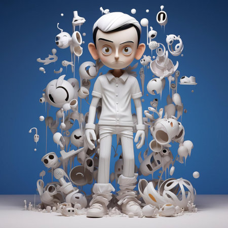 the cartoon character, a vibrant 3d plastic figurine, stands out against a pristine white background, showcasing its full body in a playful pose, highlighting its colorful and intricate details, perfect for 3d modeling, animation, and graphic design projects. ai generatedの素材