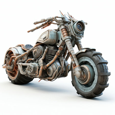 the 3d apocalyptic motorcycle, with its rugged and worn design, sits proudly on a white isolated background, evoking a sense of post-apocalyptic rebellion, perfect for fans of dystopian fiction, sci-fi, and futuristic motorcycle enthusiasts, ideal for use in digital art, graphic novels, and fantasy illustrations. ai generatedの素材