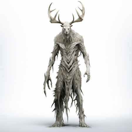 the 3d wendigo, a mythical creature from native american folklore, stands tall in a full-body pose on a crisp white isolated background, its eerie presence evoking a sense of mystery and terror, perfect for horror and fantasy-themed designs, illustrations, and digital art projects. ai generatedの素材