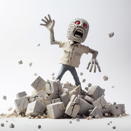 "explore the intricate details of this zombie figurine, showcasing the unique style of artists evgeni gordiets, clemens ascher, and didier lourenco. with its inventive character design, the concrete figure boasts spiky mounds and a close-up view of its full body on a white, isolated background. perfect for collectors and fans of the undead.", ai generatedの素材