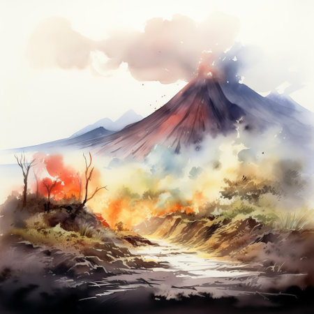 explore the captivating simplicity of this flat watercolor drawing, showcasing a volcano by renowned artist thomas schaller. delicate yet vibrant, this artwork highlights the raw power and beauty of nature. discover the mastery of watercolor techniques and the allure of volcanoes, all in one stunning piece. perfect for art enthusiasts and collectors. ai generatedの素材