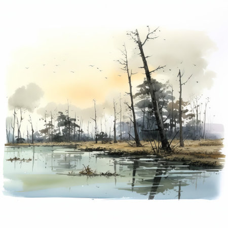 discover a stunning flat watercolor depiction of a swamp, skillfully created by renowned artist thomas schaller. this exquisite piece showcases schaller's mastery of light, shadow, and color, bringing the swamp's serene beauty to life. delve into the intricate details and let your imagination wander through the marshy landscape, teeming with wildlife and plant life. a true masterpiece for art enthusiasts and nature lovers alike. aiの素材