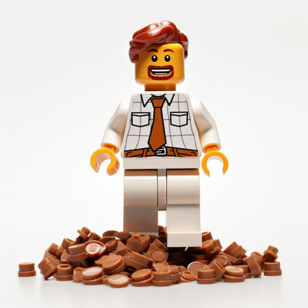 "penny" takes center stage as a 3d lego figure, showcasing a realistic plastic texture with a glossy finish. the vibrant sticker details add life to this full-bodied character, set against a crisp white background. perfect for lego enthusiasts and collectors alike. ai generatedの素材
