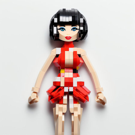 "tara strikes a pose, her vibrant 3d lego figure standing out against the pristine white background. the plastic texture is evident in the glossy finish, with a carefully placed sticker adorning her shirt. with short, sturdy legs and arms, tara's full-bodied lego design is both playful and detailed.", ai generatedの素材