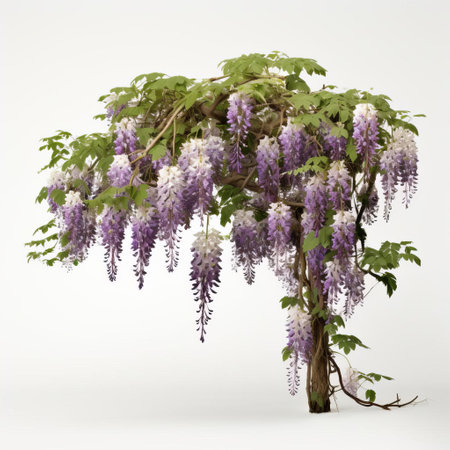 discover a full wisteria plant in all its glory, showcasing a stunning section view on a pristine white background. perfect for home decor or garden inspiration, this single wisteria plant embodies elegance and beauty. ai generatedの素材