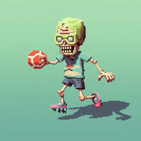 in this 3d pixel art image, a zombie is depicted in a full-body stance, holding a volleyball. the vibrant 8-bit cartoon style gives a playful twist to the classic horror figure. set against a crisp white background, the focus remains on the detailed zombie character and the volleyball it grips, resulting in a lively and engaging visual. ai generatedの素材