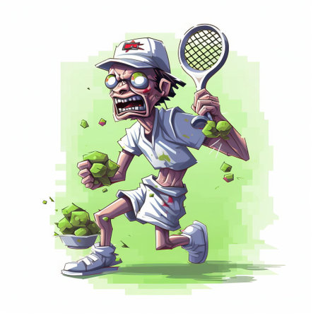 in this 3d 8-bit pixel art image, a zombie is featured in a full-body shot, showcasing its decaying appearance. set against a clean white background, the zombie is depicted holding a tennis racket, adding an unusual and humorous twist to the classic horror theme. ai generatedの素材