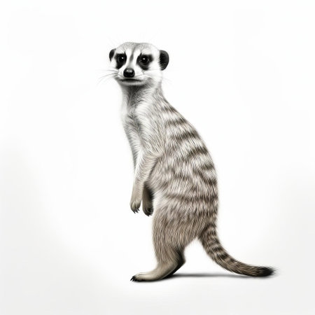 a meerkat is depicted in a line drawing style, facing right with its white tail to the right, featuring a distinctive black tip. the background is minimalistic, consisting of a clean white surface that makes the meerkat stand out. ai generatedの素材