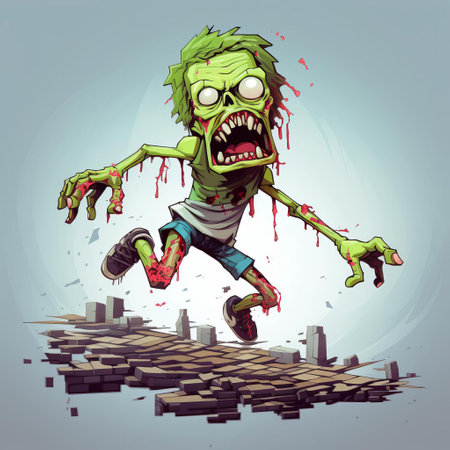 witness a thrilling 3d 8-bit pixel cartoon of a zombie making a long jump against a white background. this captivating image showcases the undead's agility, perfect for gaming or halloween-themed projects. ideal for those who appreciate retro-style art and spooky subjects. ai generatedの素材
