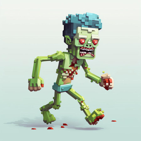 this 3d pixel art creation features a full-bodied zombie character, immersed in an aquathlon scene. with an 8-bit cartoon style, the zombie is depicted in vibrant colors against a crisp white background. perfect for those seeking a unique and engaging visual element. ai generatedの素材