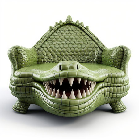 the crocodile-inspired 3d sofa, with its scaly texture and vibrant green hue, appears to leap off the pure white isolated background, evoking a sense of exotic luxury and whimsical design, perfect for futuristic interior decor and avant-garde furniture enthusiasts. ai generatedの素材