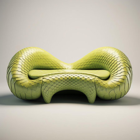 the snake-inspired 3d sofa, with its sleek and sinuous curves, appears to slither across the pristine white isolated background, evoking a sense of modern luxury and avant-garde design, perfect for futuristic interior decorating and conceptual art projects focused on reptilian elegance. ai generatedの素材